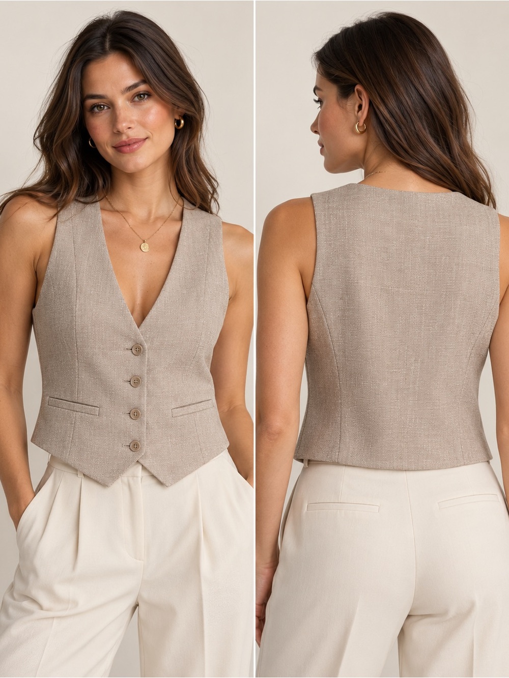 NWT House of Harlow 1960 Oatmeal Beige Tailored Button Front Vest Small